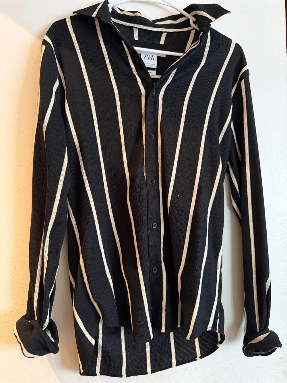 Zara Black Shirt with Cream Vertical Stripes